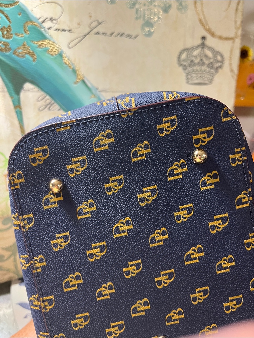 Dooney & Bourke Navy Logo Satchel with Brown Leather Handles - Picture 12 of 13